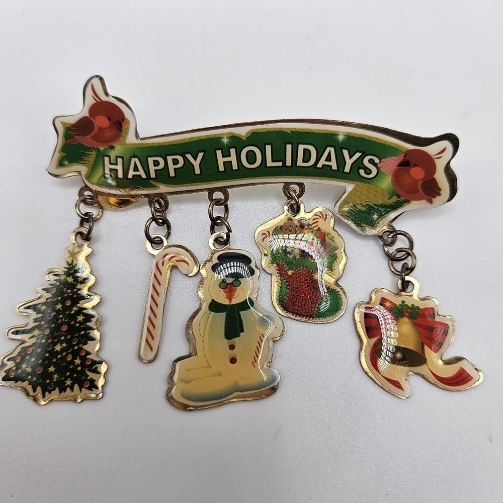 VINTAGE Winter Happy Holidays Dangle Charm Brooch Pin